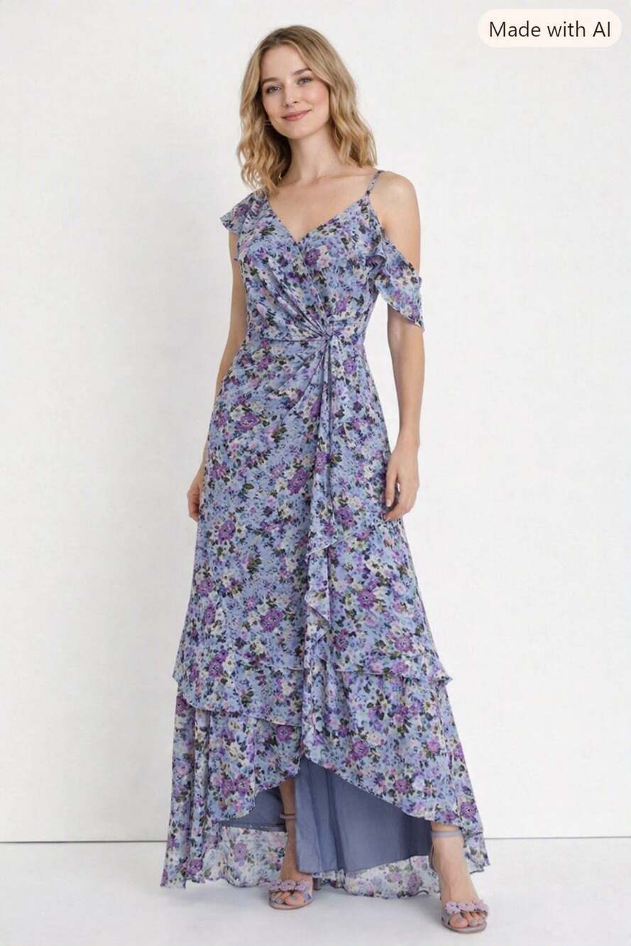 Lulus Blue Floral Print High Low Maxi Dress with Ruched Twist Front XL Coquette